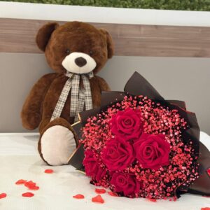 Promo San Valentino Teddy Marrone 120cm + Bouquet Rose Rosse Artificiali