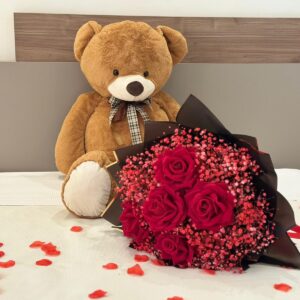 Promo San Valentino Teddy Beige 120cm + Bouquet Rose Rosse Artificiali